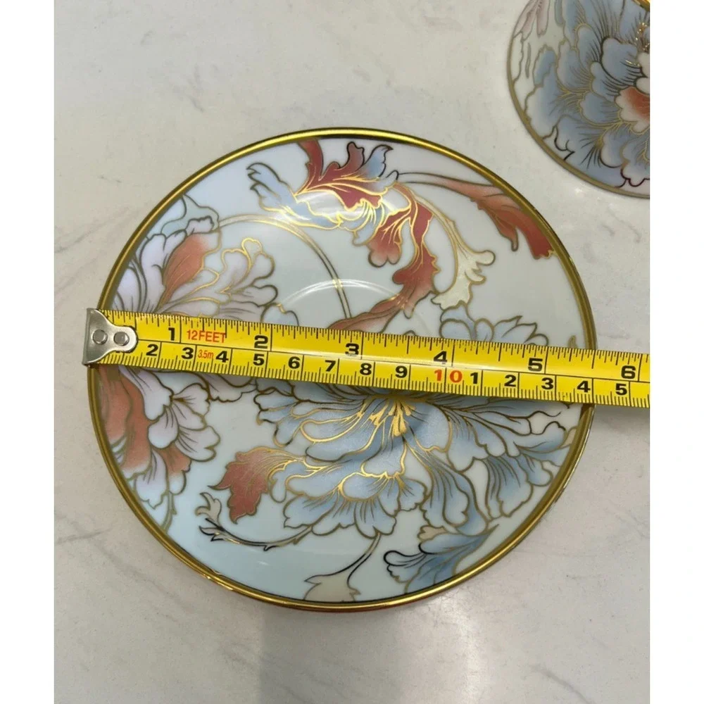 Gold Rim Peony Floral Teacup‎ Saucer Spoon Set Fine Porcelain Cottagecore Party